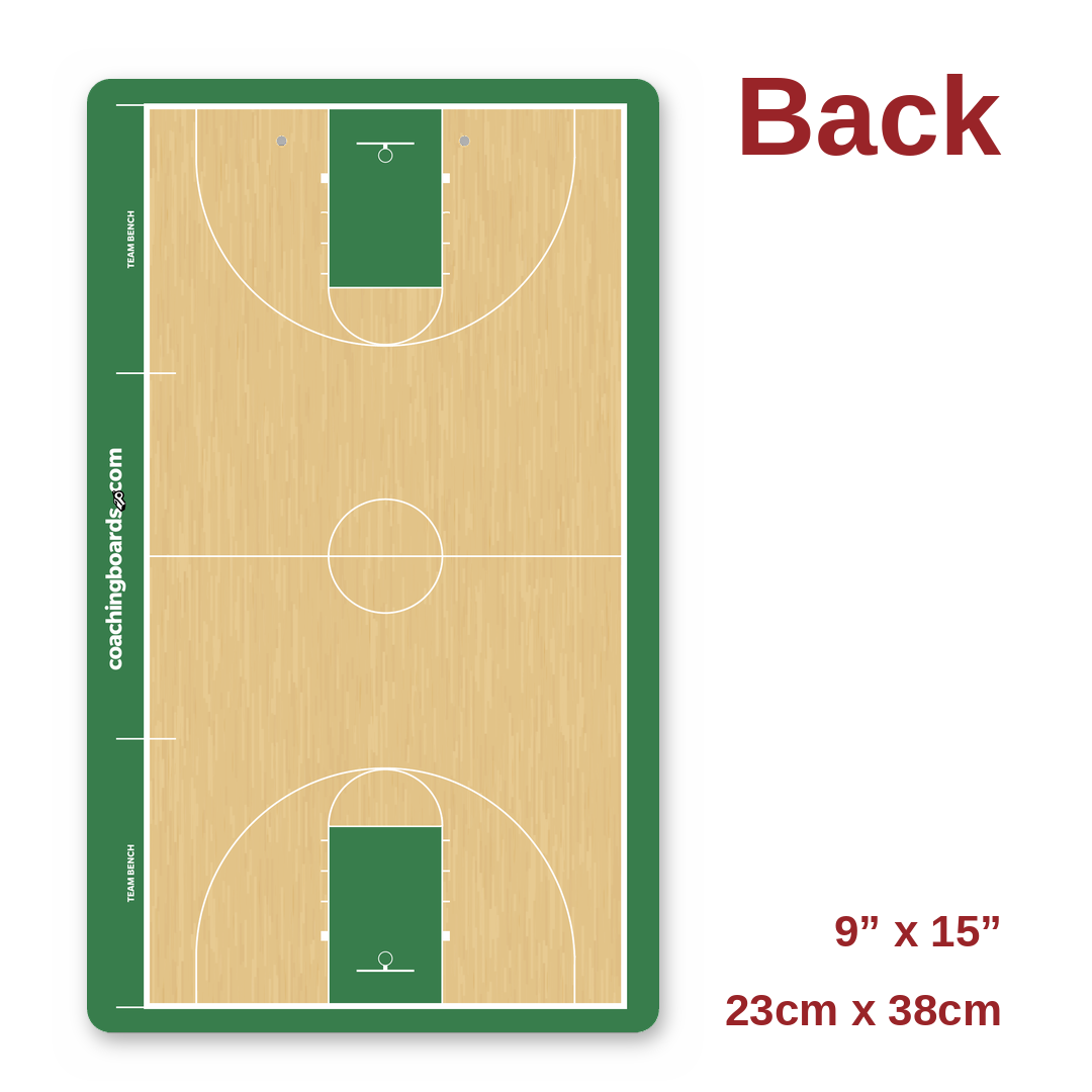 Green / White NCAA basketball coaching clipboard back, full court, 9 x 15 inches