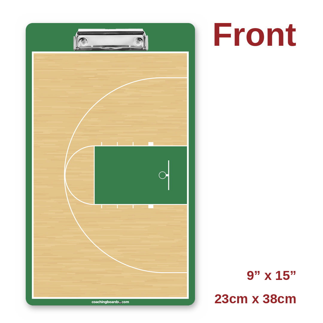 Green / White NCAA basketball coaching clipboard front, half court, 9 x 15 inches