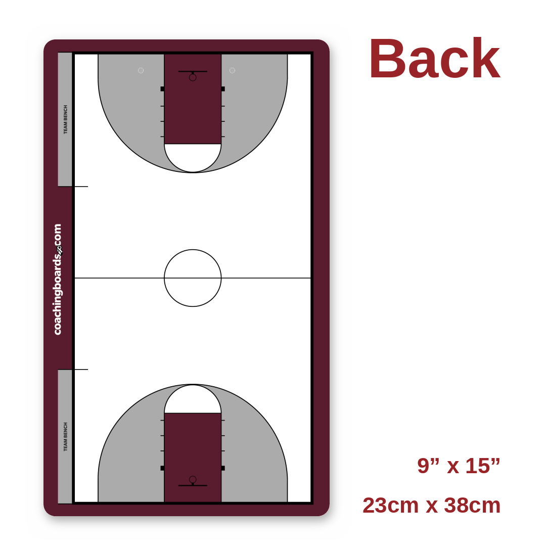 Maroon / White NCAA basketball coaching clipboard back, full court, 9 x 15 inches