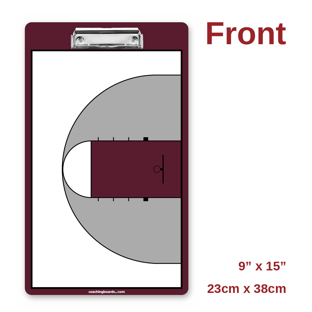 Maroon / White NCAA basketball coaching clipboard front, half court, 9 x 15 inches