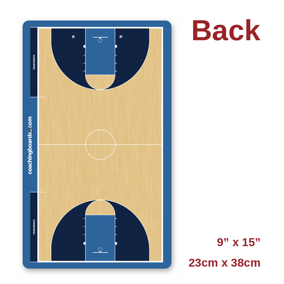 Navy / Light Blue NCAA basketball coaching clipboard back, full court, 9 x 15 inches
