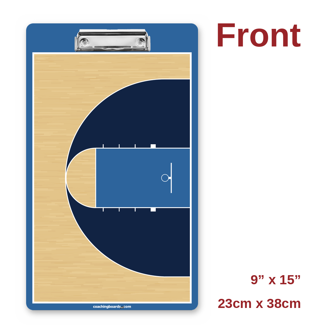 Navy / Light Blue NCAA basketball coaching clipboard front, half court, 9 x 15 inches