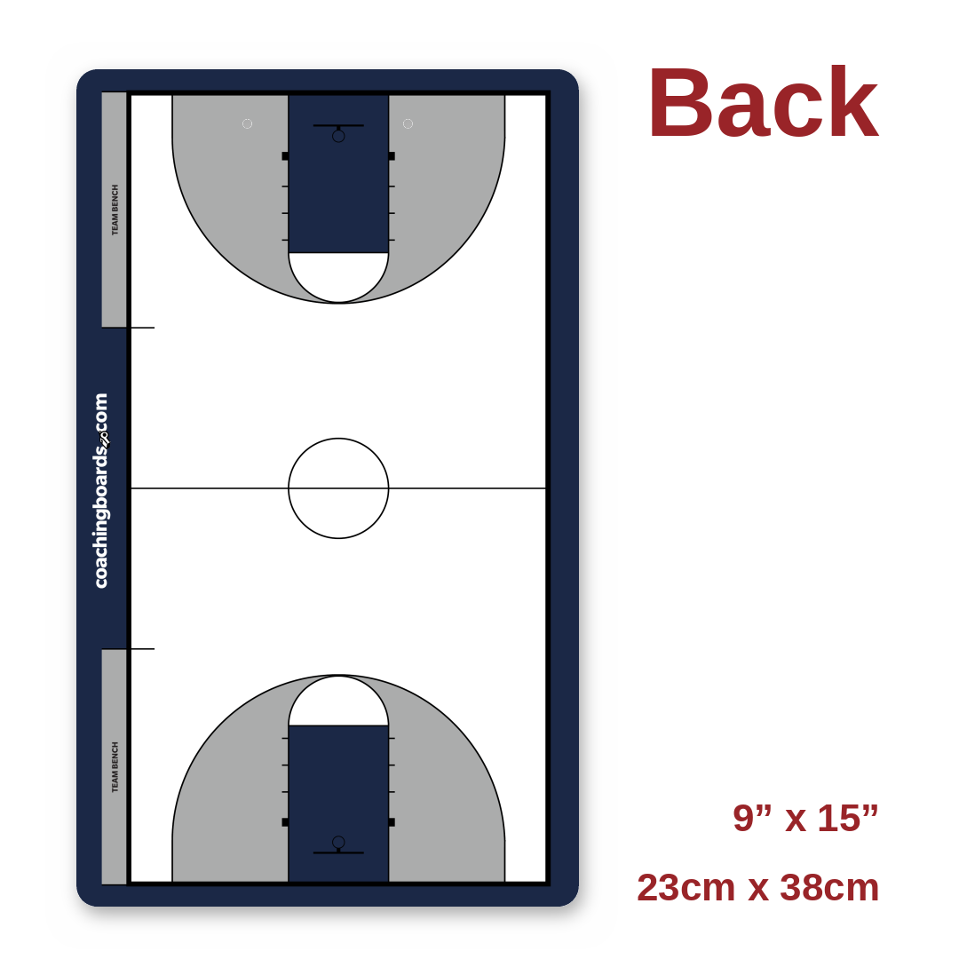 Navy / White NCAA basketball coaching clipboard back, full court, 9 x 15 inches
