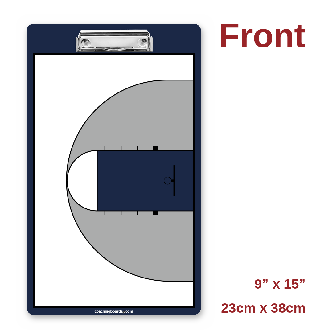 Navy / White NCAA basketball coaching clipboard front, half court, 9 x 15 inches