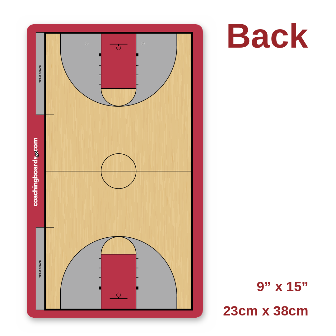 Red / Black NCAA basketball coaching clipboard back, full court, 9 x 15 inches