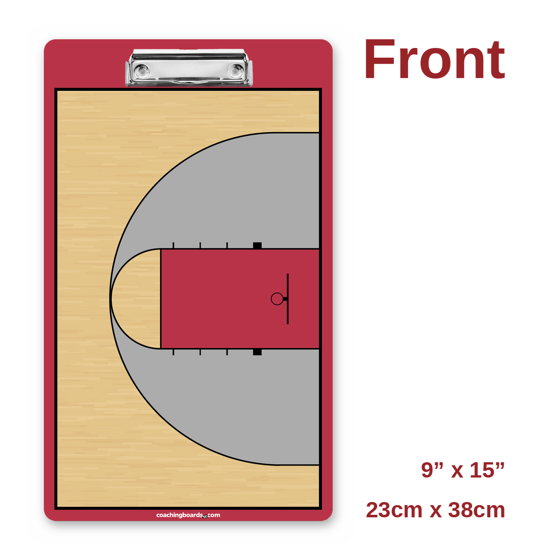 Red / Black NCAA basketball coaching clipboard front, half court, 9 x 15 inches