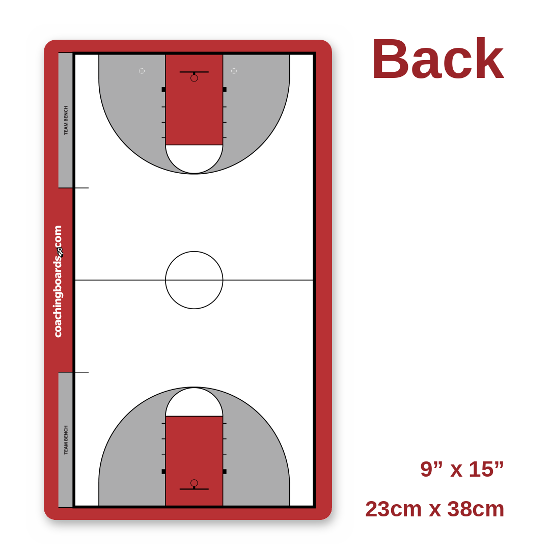 Red / White NCAA basketball coaching clipboard back, full court, 9 x 15 inches
