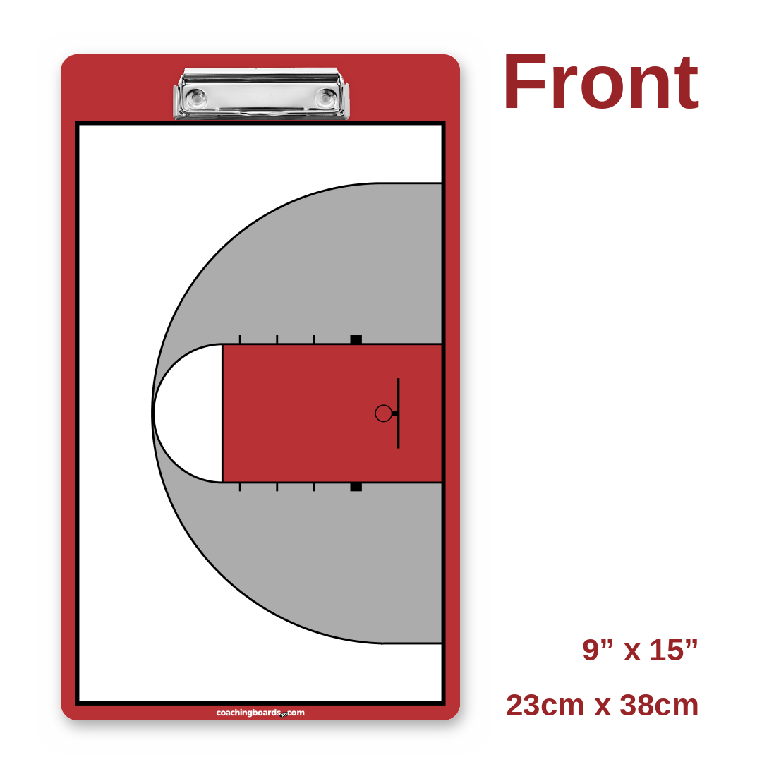 Red / White NCAA basketball coaching clipboard front, half court, 9 x 15 inches