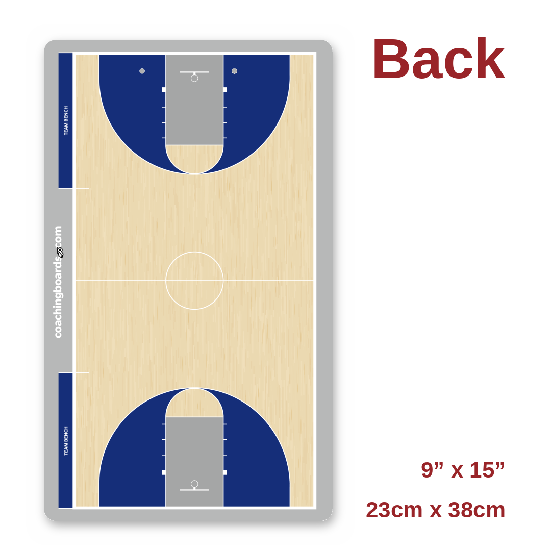 Royal / White NCAA basketball coaching clipboard back, full court, 9 x 15 inches