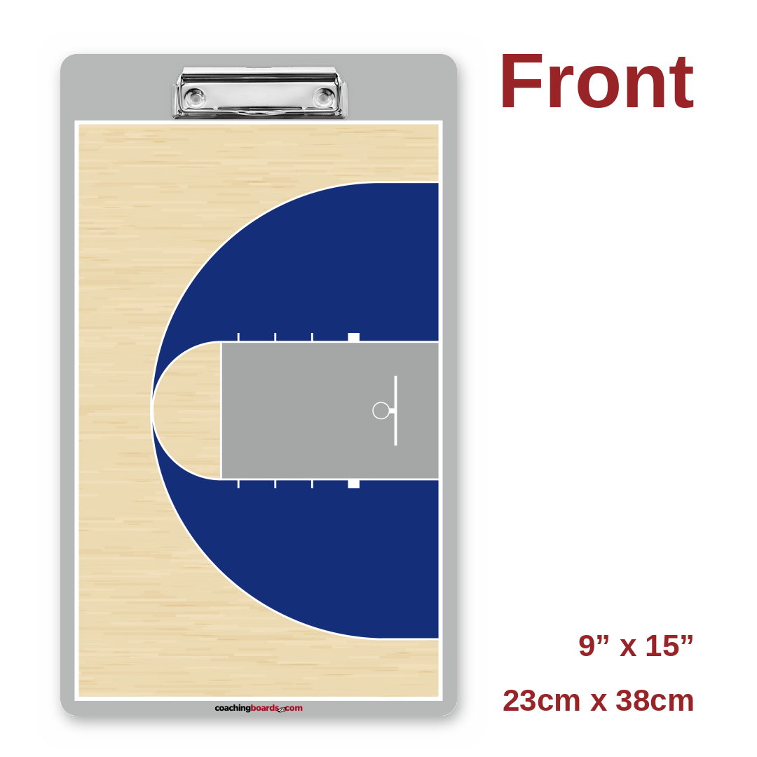 Royal / White NCAA basketball coaching clipboard front, half court, 9 x 15 inches