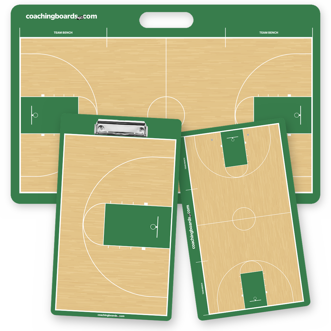 Green / White NCAA basketball coaching board package, large board and two-sided clipboard
