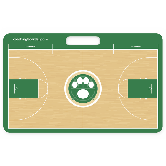 Green coaching board with a matching team crest at centre court