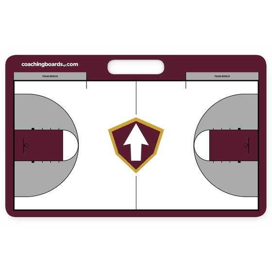 Maroon and white coaching board with a matching team crest at centre court