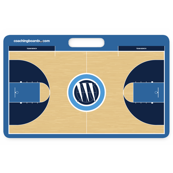 Navy and light blue coaching board with a matching team crest at centre court